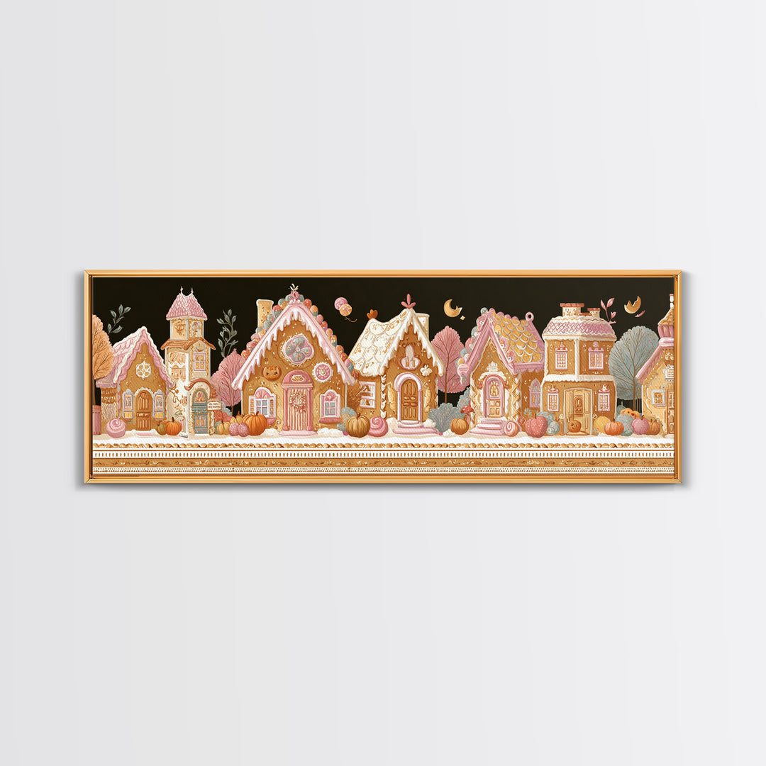 The Halloween Gingerbread Village, Folk Halloween Art, Extra Wide Wall Art, Canvas Print, Cute Halloween Wall Art, Storybook Decor
