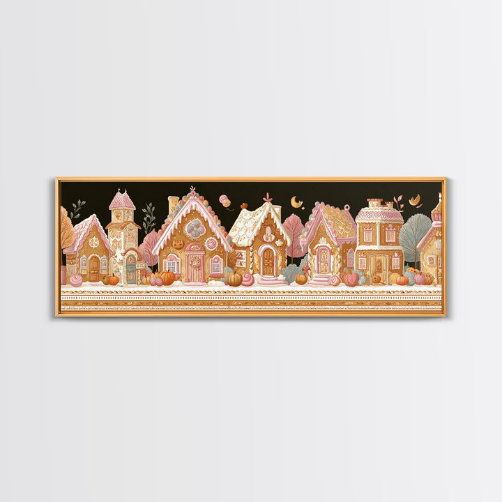 The Halloween Gingerbread Village, Folk Halloween Art, Extra Wide Wall Art, Canvas Print, Cute Halloween Wall Art, Storybook Decor