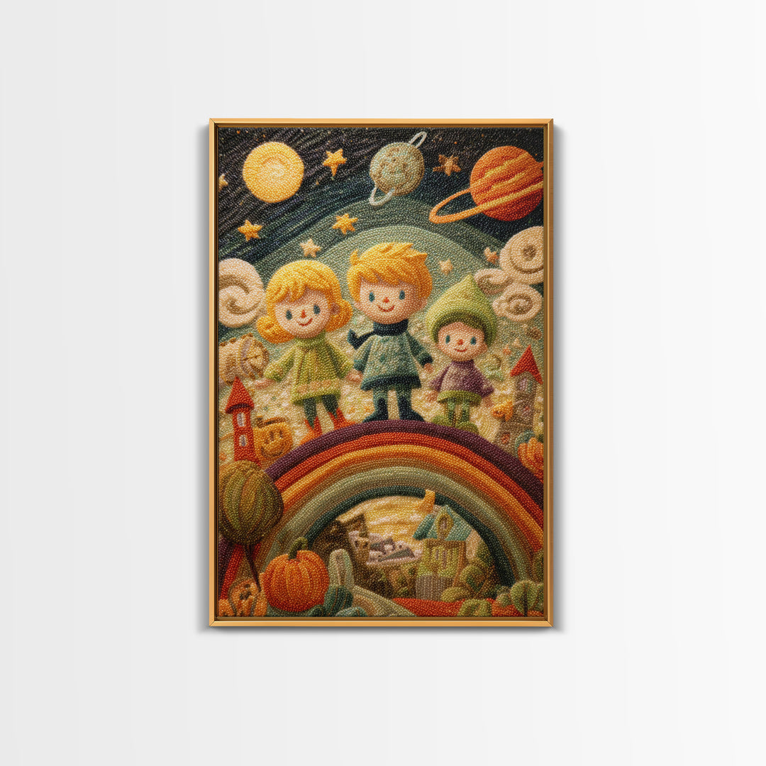 The Parade Across The Stars, Embroidered Halloween Art, Vertical Wall Art, Canvas Print, Cute Halloween Wall Art