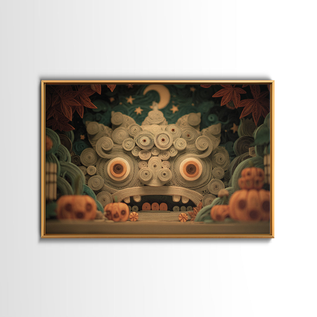 The Custodian Of The Whispering Idol, Quilled Halloween Art, Landscape Wall Art, Framed Canvas Print, Cute Halloween Wall Art