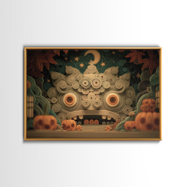 The Custodian Of The Whispering Idol, Quilled Halloween Art, Landscape Wall Art, Framed Canvas Print, Cute Halloween Wall Art