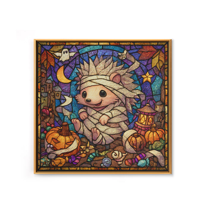 The Hedgehog Mummy, Stained Glass Halloween, Square Wall Art, Canvas Print, Cute Halloween Wall Art, Halloween Kids Decor