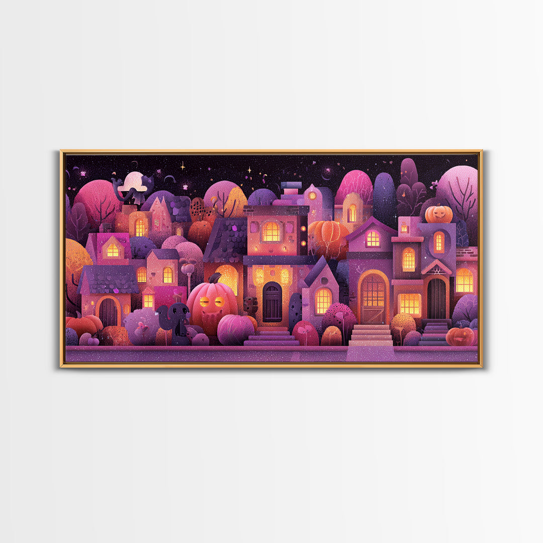 Pumpkin Cottage Lane, Vaporwave Halloween Art, Wide Panoramic Art, Framed Canvas Print, Cute Halloween Wall Art