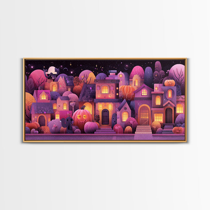 Pumpkin Cottage Lane, Vaporwave Halloween Art, Wide Panoramic Art, Framed Canvas Print, Cute Halloween Wall Art