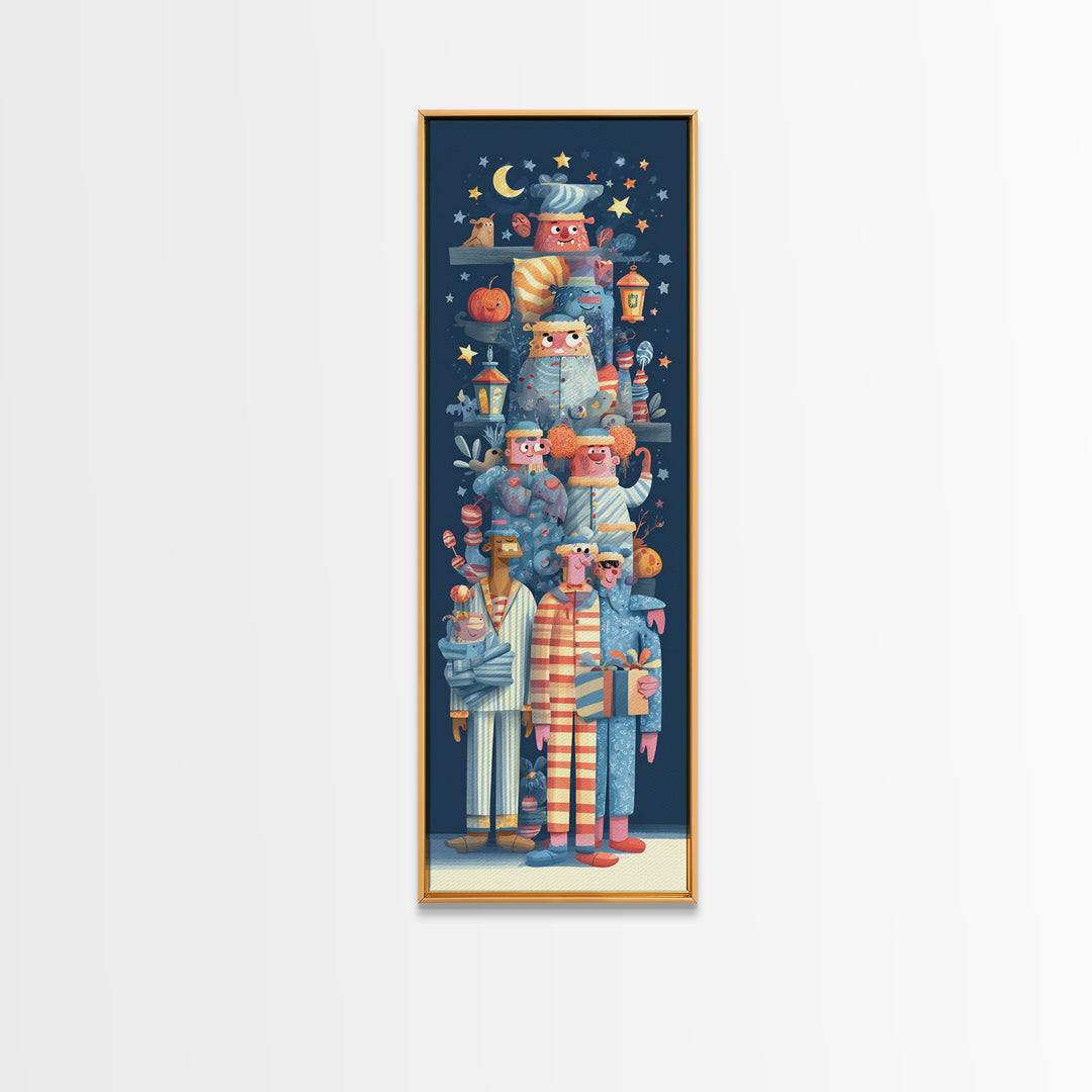 The Monster Pajama Parade, Vector Halloween Art, Tall Narrow Wall Art, Framed Canvas Print, Cute Halloween Wall Art