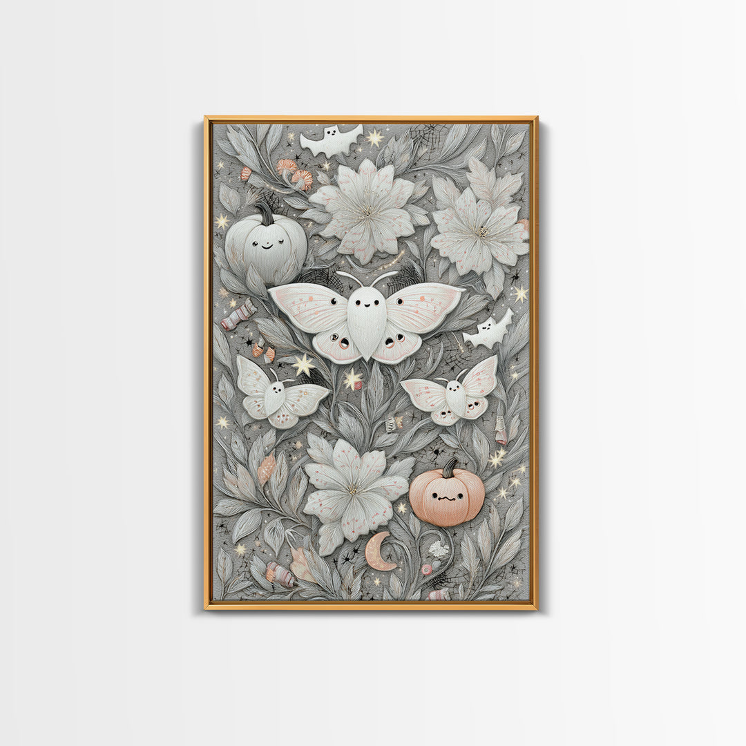 The Moon-Moth Garden, Hand Sketch Halloween Art, Vertical Wall Art, Canvas Print, Cute Halloween Wall Art