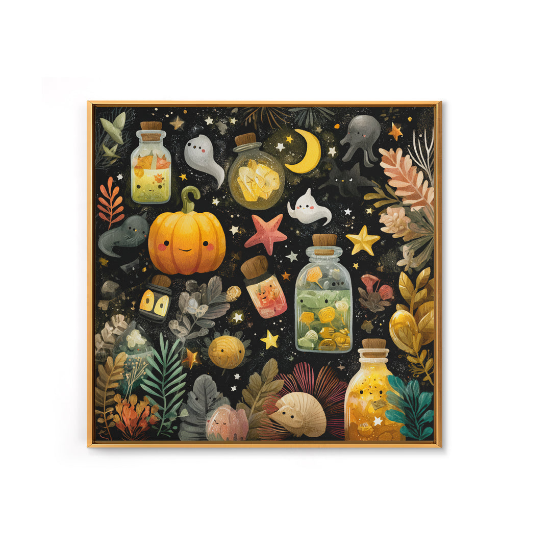 The Apothecary Of Black Seashell Dreams, Gouache Halloween Art, Square Wall Art, Canvas Print, Cute Halloween Wall Art