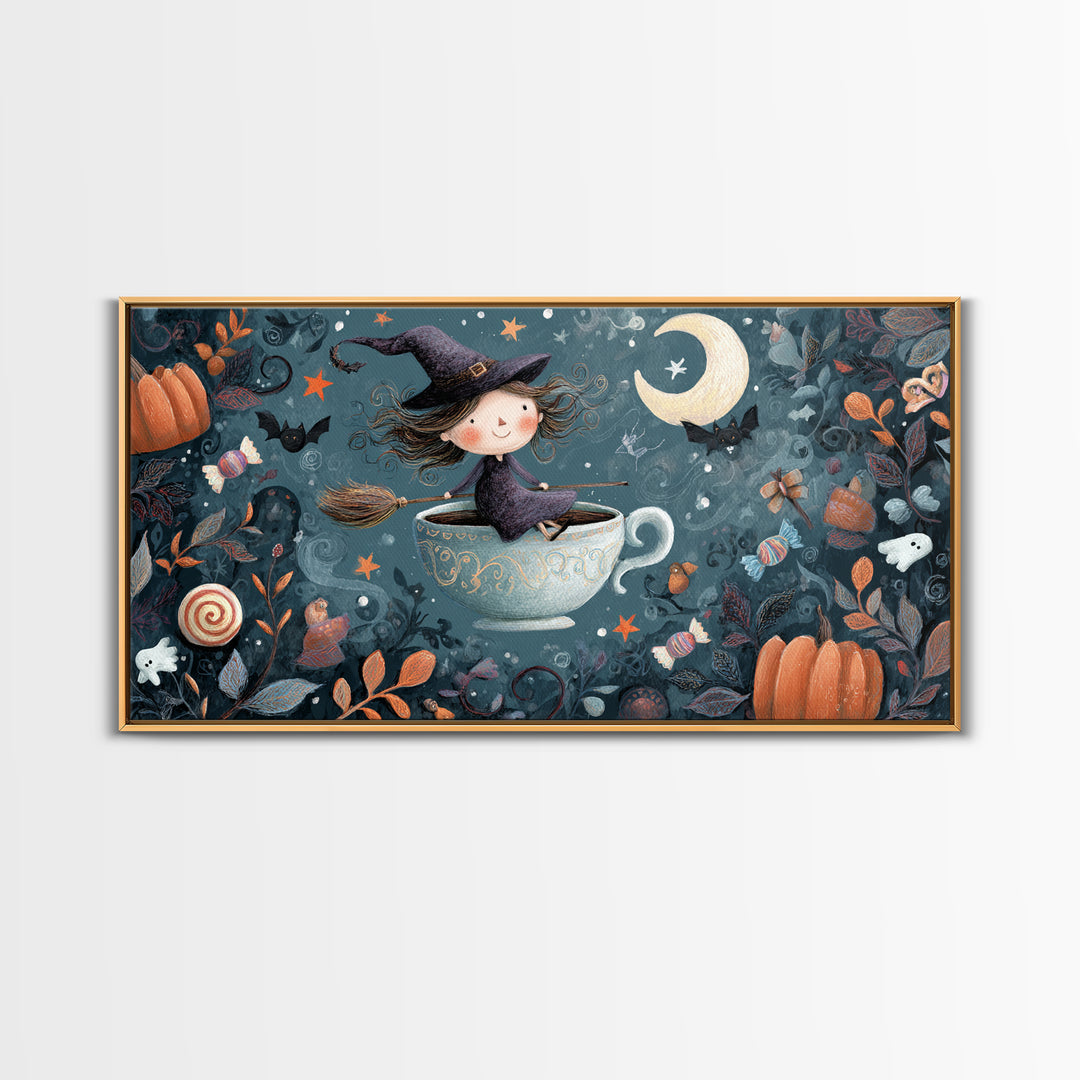 The Teacup Witch, Crayon Halloween Art, Wide Panoramic Art, Framed Canvas Print, Cute Halloween Wall Art