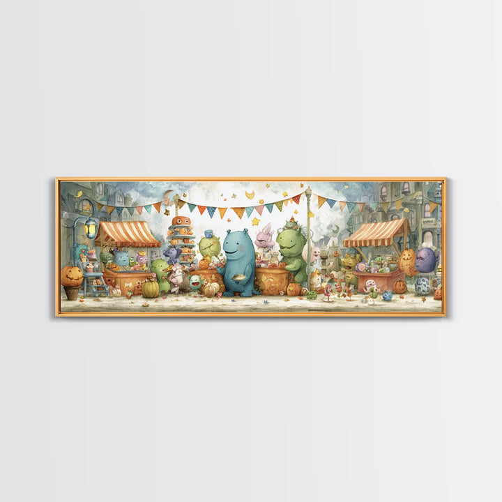 The Friendly Monster Market, Pastel Halloween Art, Extra Wide Wall Art, Canvas Print, Cute Halloween Wall Art