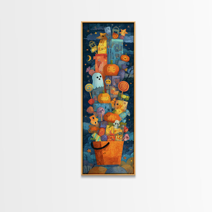 The Candy Basket Sleepover, Paper Collage Halloween, Tall Narrow Wall Art, Framed Canvas Print, Cute Halloween Wall Art