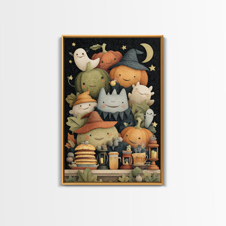 The Pumpkin Pancake Breakfast, Felt Halloween Art, Vertical Wall Art, Canvas Print, Cute Halloween Wall Art