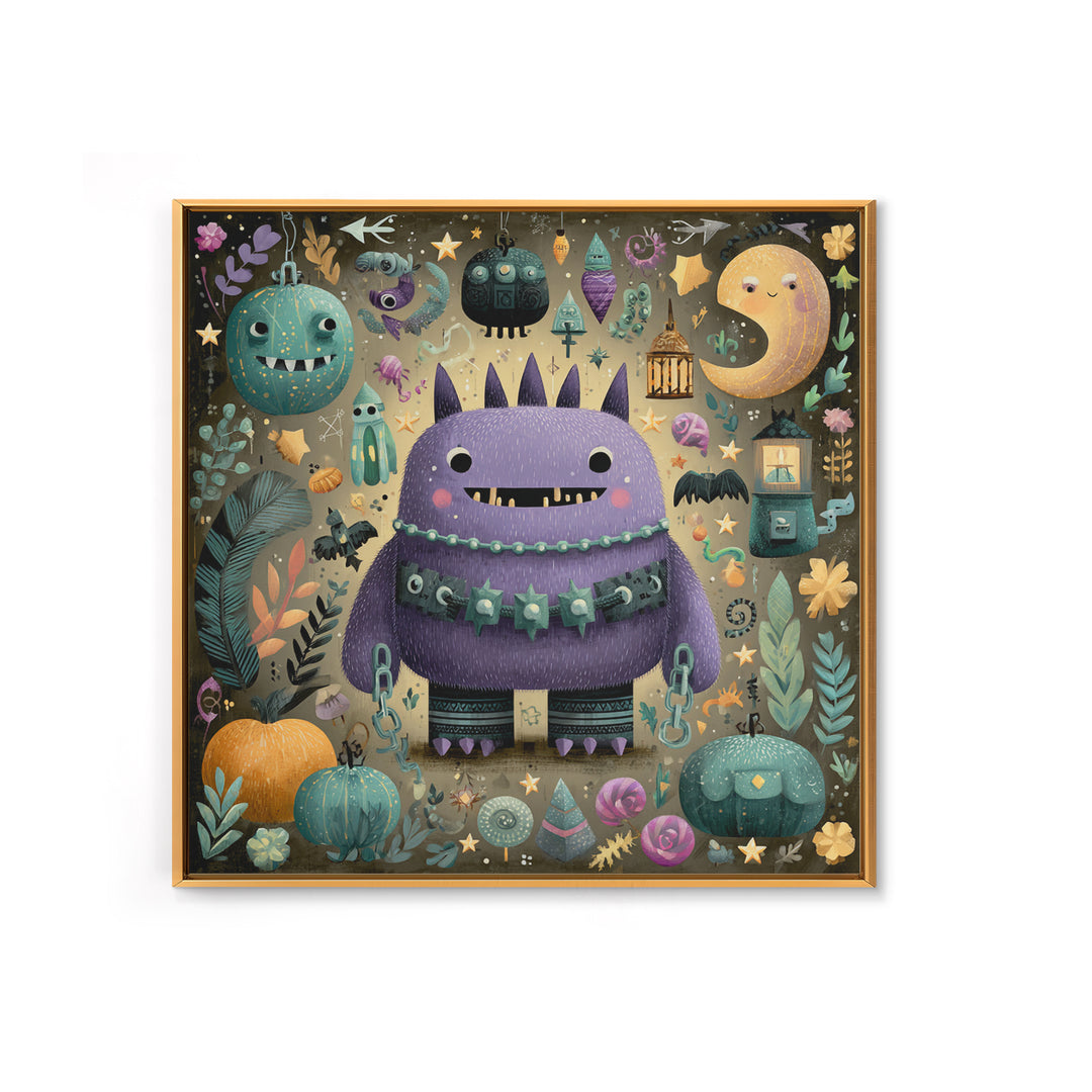 The Moonlit Shoggoth Menagerie, Plush Halloween Art, Square Wall Art, Canvas Print, Cute Halloween Wall Art