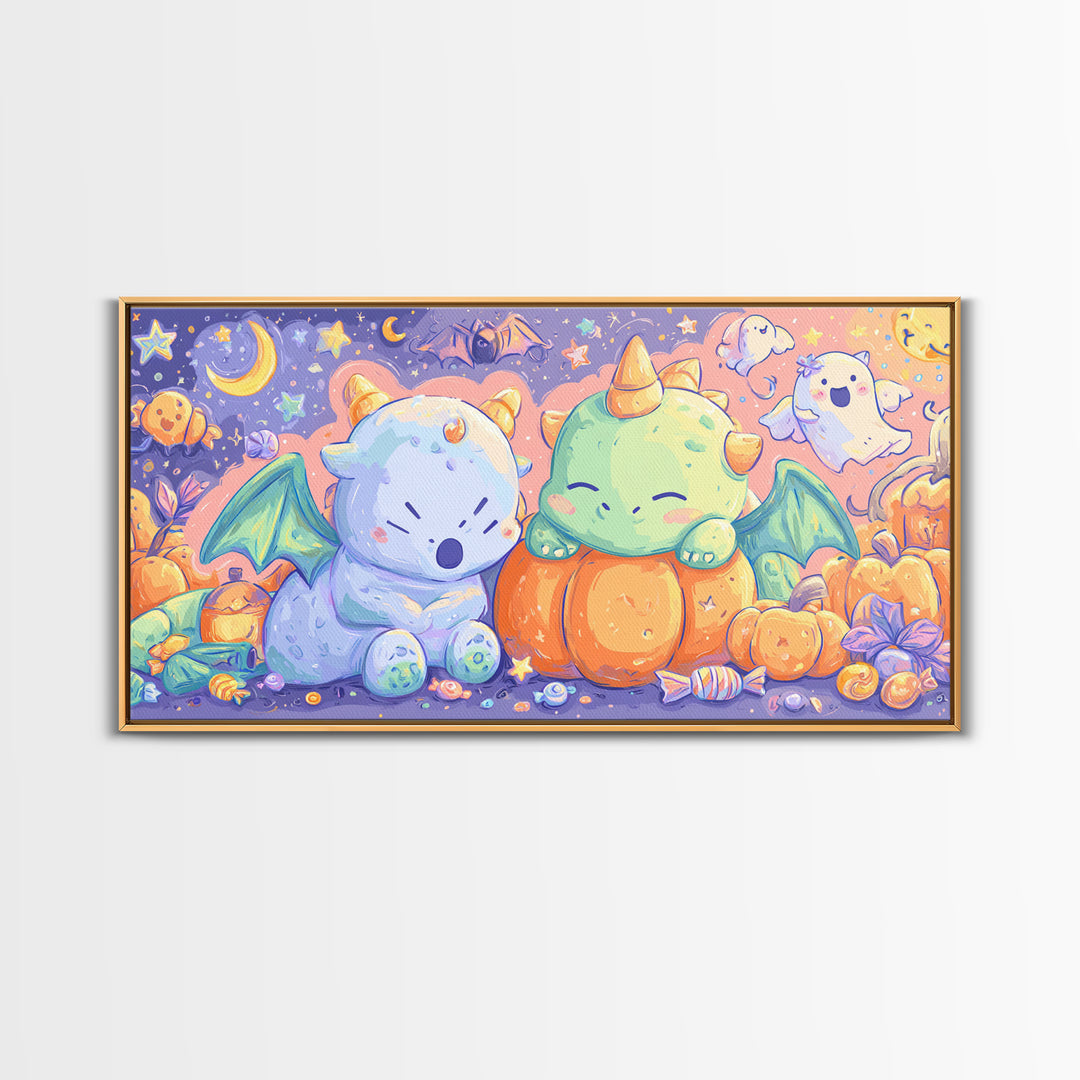 The Sleepy Costume Dragon, Kawaii Halloween Art, Wide Panoramic Art, Framed Canvas Print, Cute Halloween Wall Art
