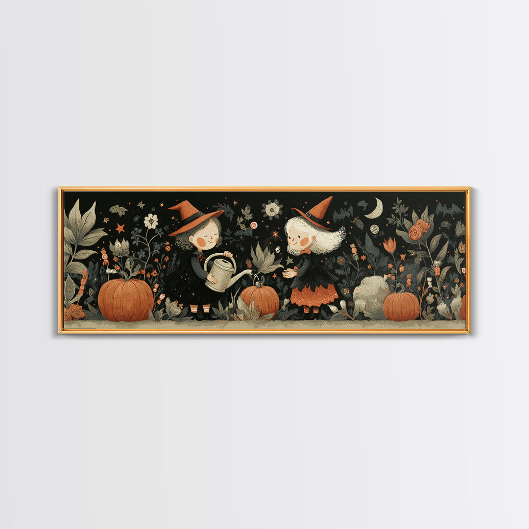 The Moon Garden Witch, Retro Halloween Art, Extra Wide Wall Art, Canvas Print, Cute Halloween Wall Art