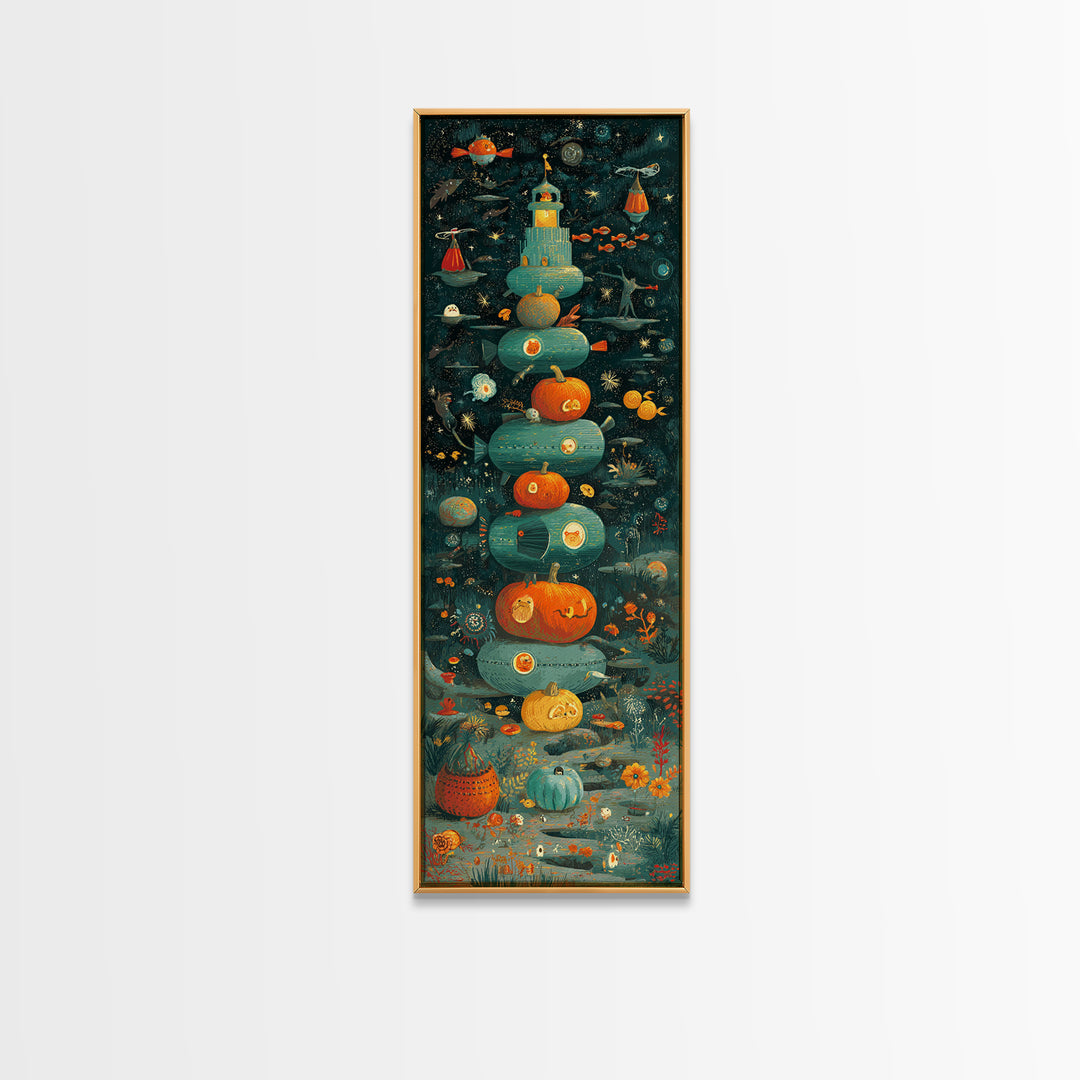 The Pumpkin Submarine, Screenprint Halloween Art, Tall Narrow Wall Art, Framed Canvas Print, Cute Halloween Wall Art