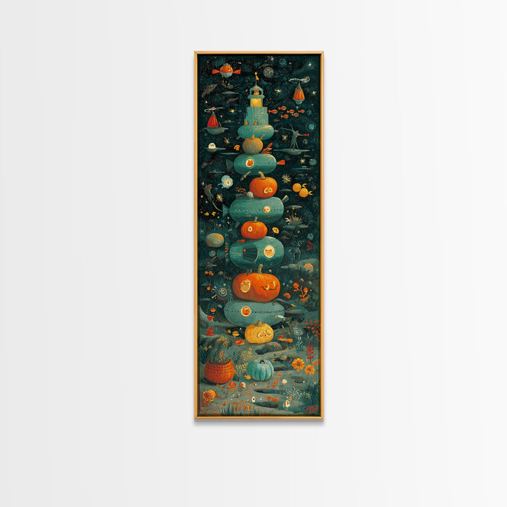 The Pumpkin Submarine, Screenprint Halloween Art, Tall Narrow Wall Art, Framed Canvas Print, Cute Halloween Wall Art