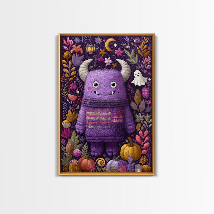 The Fuzzy Purple Monster, Folk Halloween Art, Vertical Wall Art, Canvas Print, Cute Halloween Wall Art