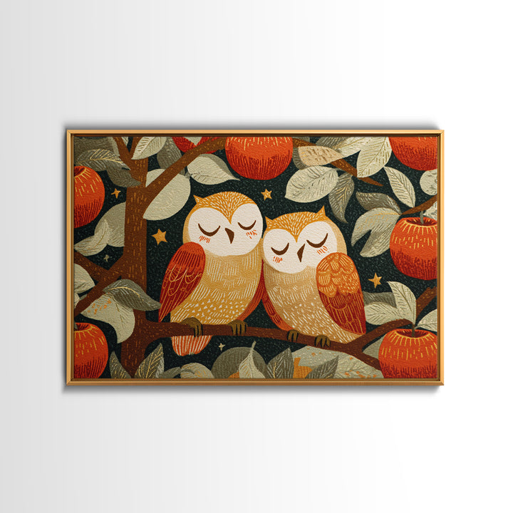 The Sleepy Owl Orchard, Linocut Halloween Art, Landscape Wall Art, Framed Canvas Print, Cute Halloween Wall Art