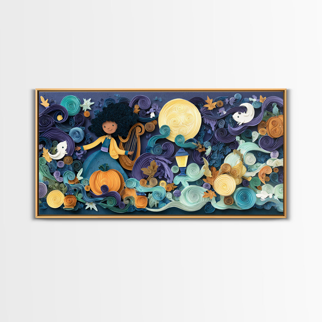The Harpist Of Abyssal Sleep, Quilled Halloween Art, Wide Panoramic Art, Framed Canvas Print, Cute Halloween Wall Art