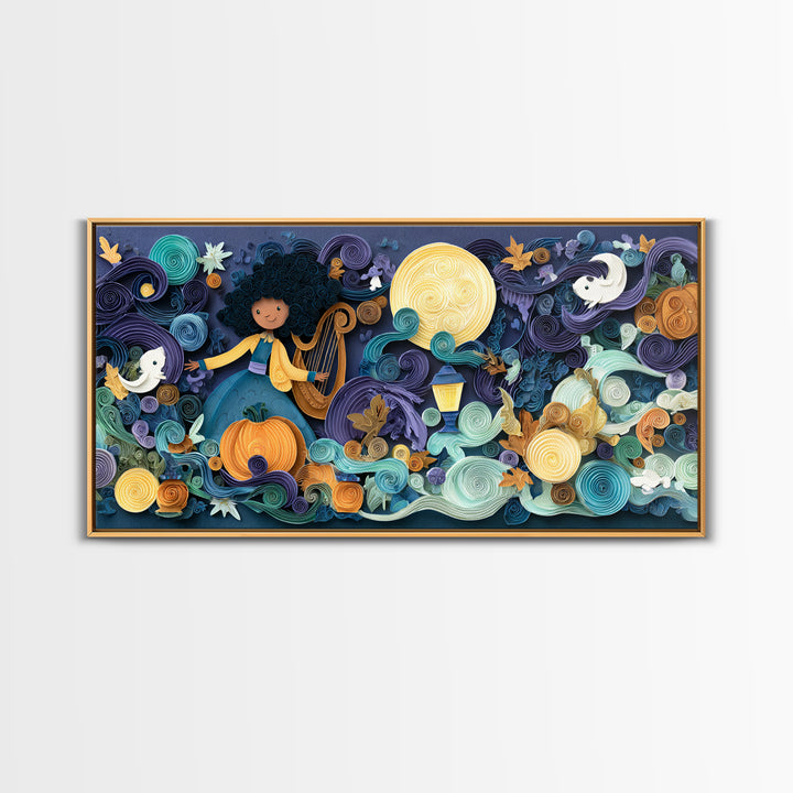 The Harpist Of Abyssal Sleep, Quilled Halloween Art, Wide Panoramic Art, Framed Canvas Print, Cute Halloween Wall Art