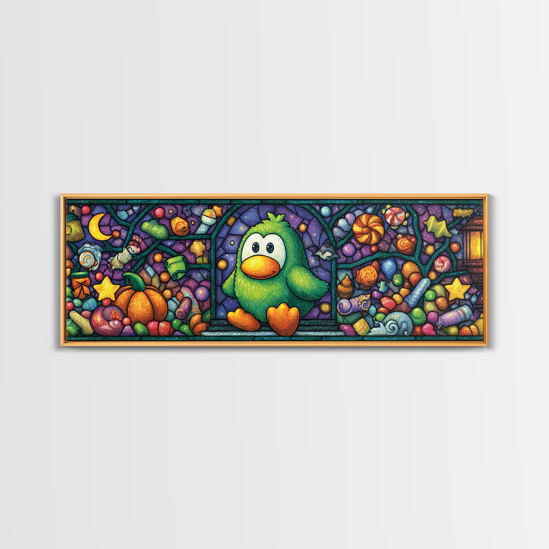 The Penguin Monster, Stained Glass Halloween, Extra Wide Wall Art, Canvas Print, Cute Halloween Wall Art