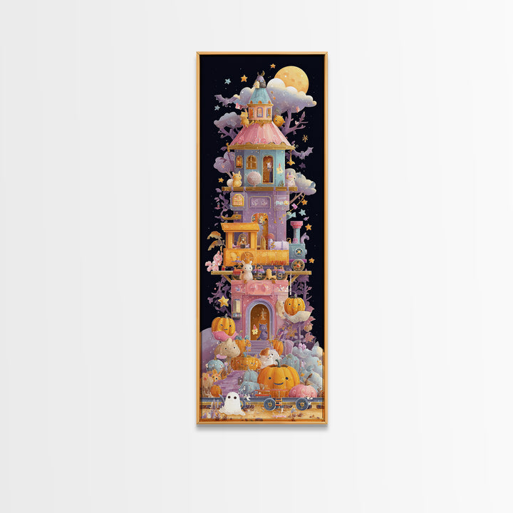 The Pumpkin Train Station, Vaporwave Halloween Art, Tall Narrow Wall Art, Framed Canvas Print, Cute Halloween Wall Art