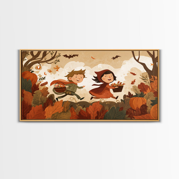 The Candy Bucket Relay Race, Vector Halloween Art, Landscape Wall Art, Framed Canvas Print, Cute Halloween Wall Art, Storybook Decor
