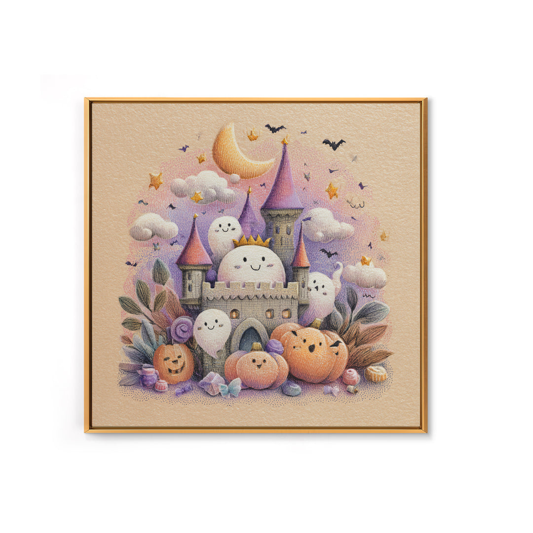 The Halloween Cloud Castle, Hand Sketch Halloween Art, Square Wall Art, Canvas Print, Cute Halloween Wall Art