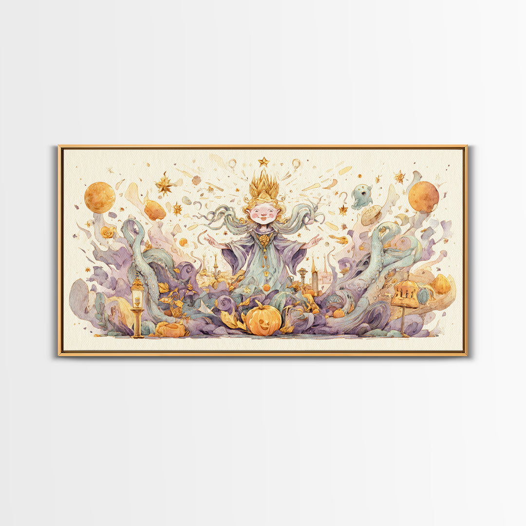 The Crown Of The Tentacled Saint, Watercolor Halloween Art, Wide Panoramic Art, Framed Canvas Print, Cute Halloween Wall Art