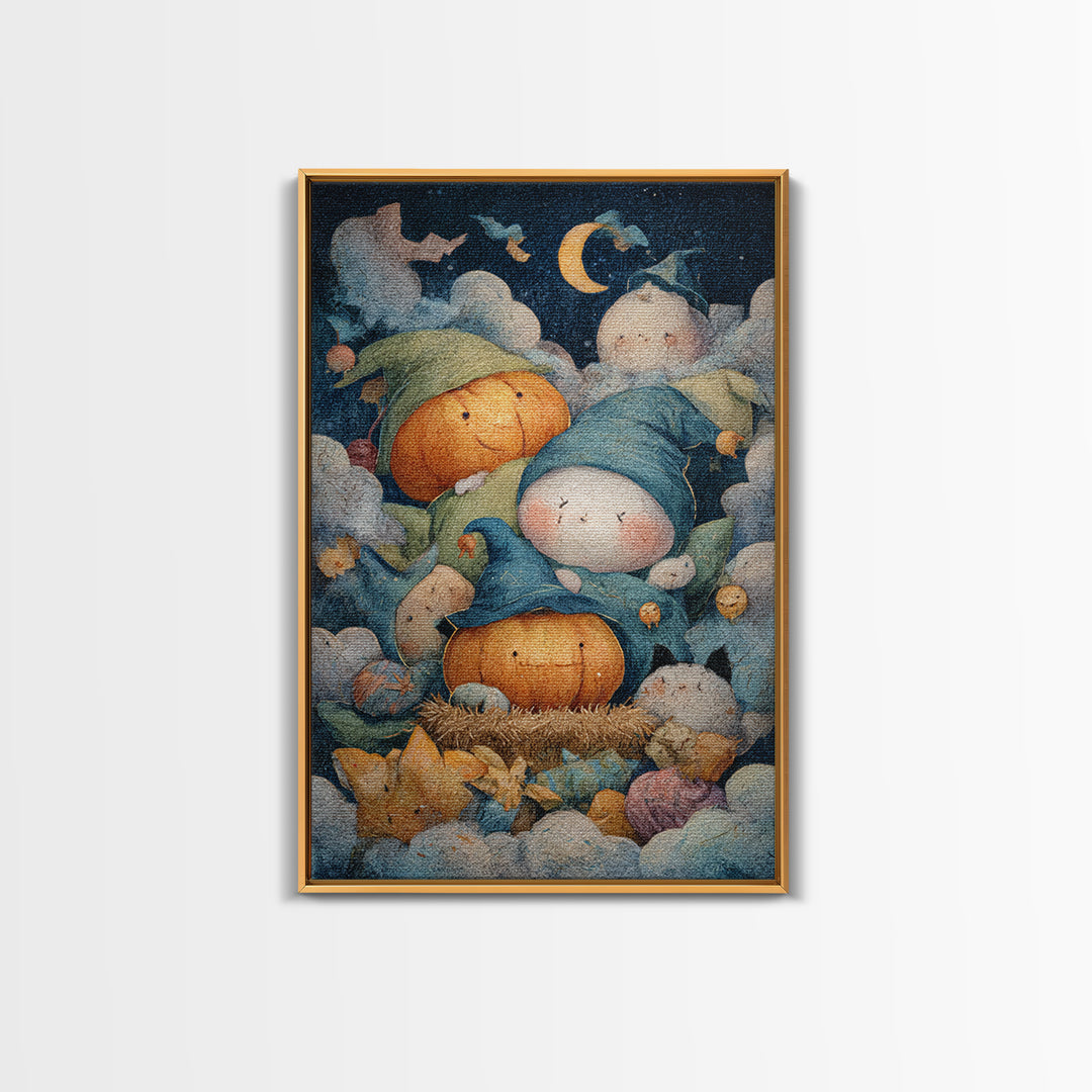 The Pumpkin Pajama Party, Pastel Halloween Art, Vertical Wall Art, Canvas Print, Cute Halloween Wall Art
