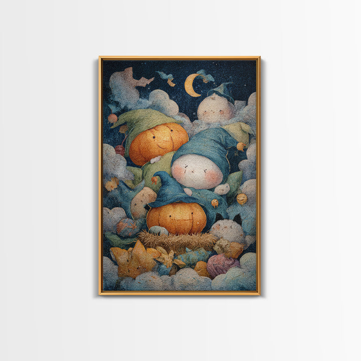 The Pumpkin Pajama Party, Pastel Halloween Art, Vertical Wall Art, Canvas Print, Cute Halloween Wall Art