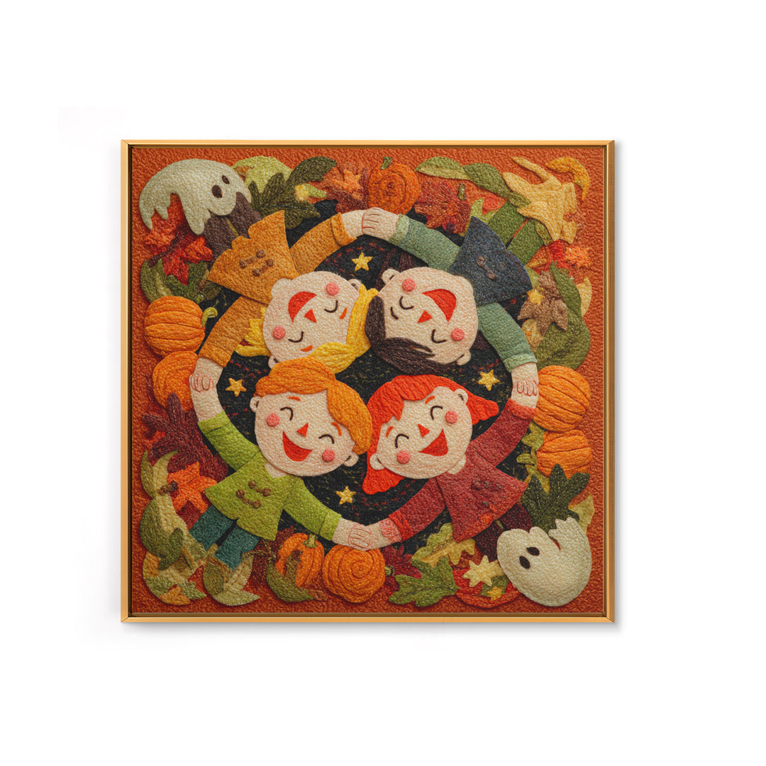 The Dancing Autumn Leaves, Felt Halloween Art, Square Wall Art, Canvas Print, Cute Halloween Wall Art