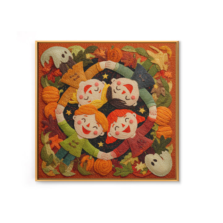 The Dancing Autumn Leaves, Felt Halloween Art, Square Wall Art, Canvas Print, Cute Halloween Wall Art