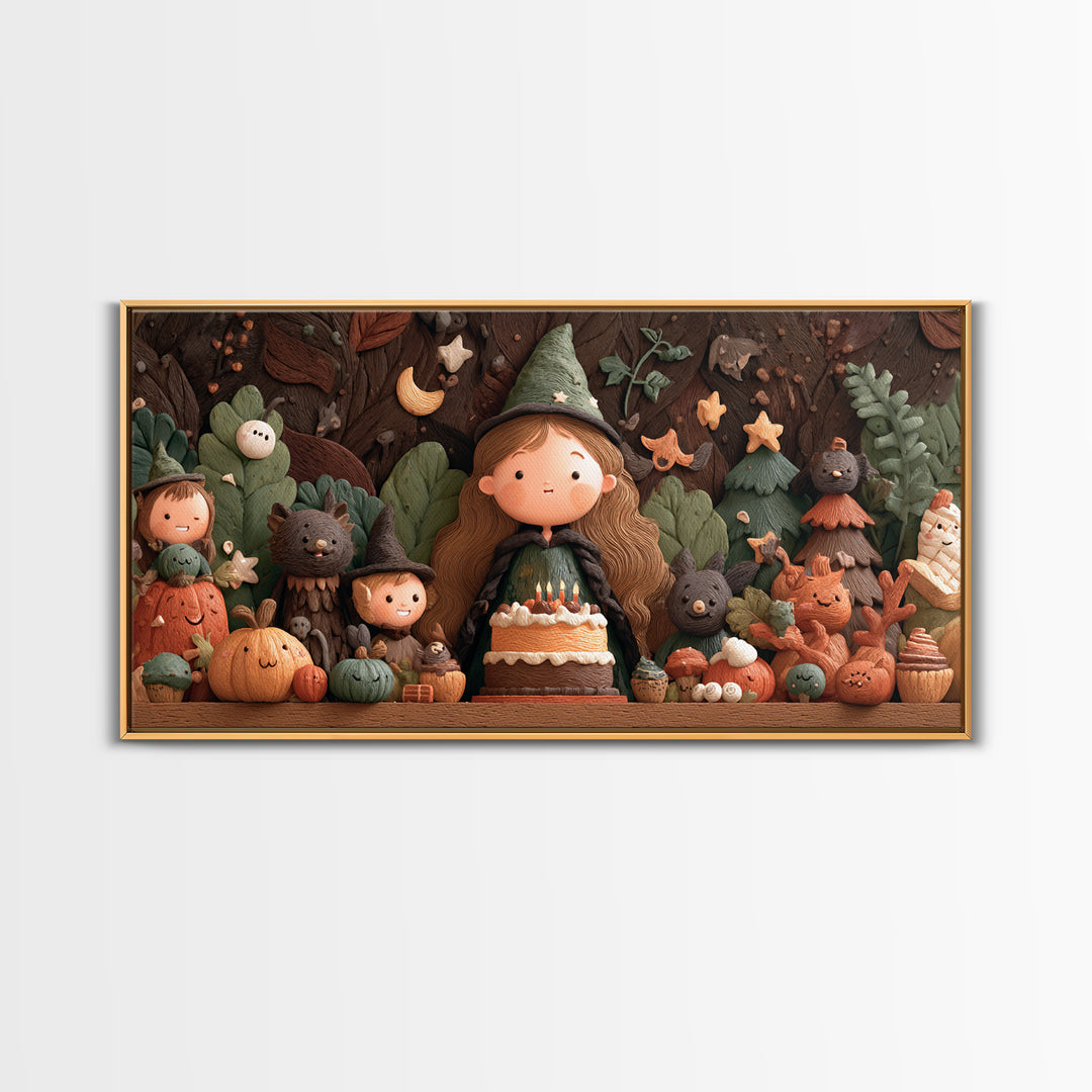 October'S Birthday Party, Clay Halloween Art, Wide Panoramic Art, Framed Canvas Print, Cute Halloween Wall Art