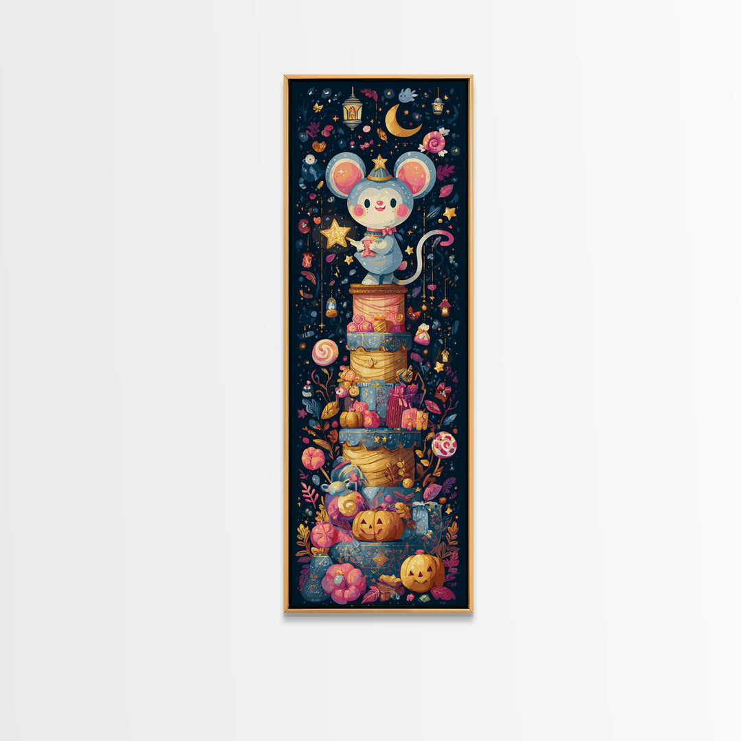 The Magician Mouse, Kawaii Halloween Art, Tall Narrow Wall Art, Framed Canvas Print, Cute Halloween Wall Art