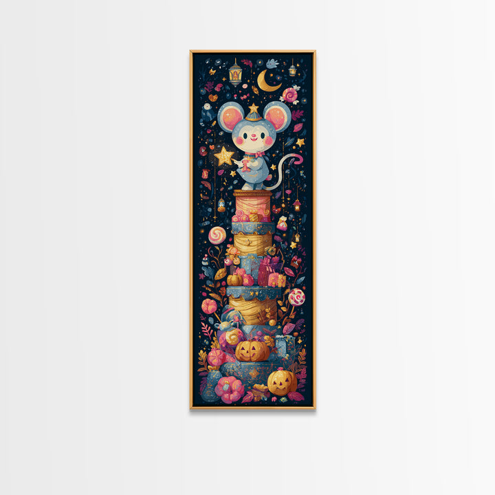 The Magician Mouse, Kawaii Halloween Art, Tall Narrow Wall Art, Framed Canvas Print, Cute Halloween Wall Art