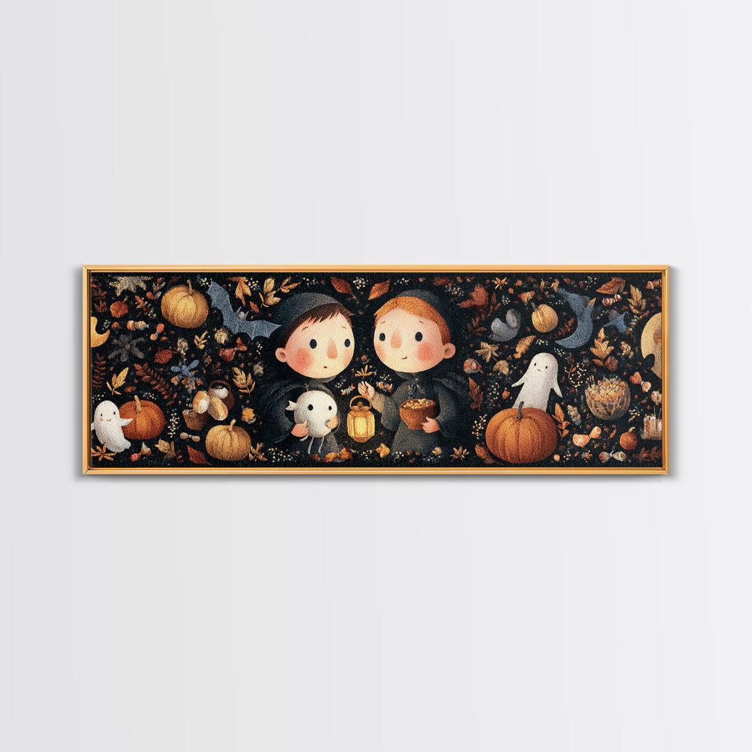 The Child Who Caught A Moon-Spawn, Embroidered Halloween Art, Extra Wide Wall Art, Canvas Print, Cute Halloween Wall Art
