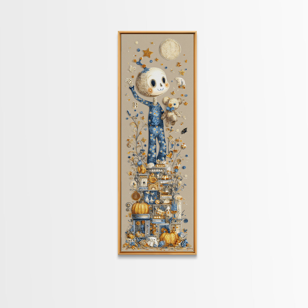 The Pajama Skeleton, Quilled Halloween Art, Tall Narrow Wall Art, Framed Canvas Print, Cute Halloween Wall Art