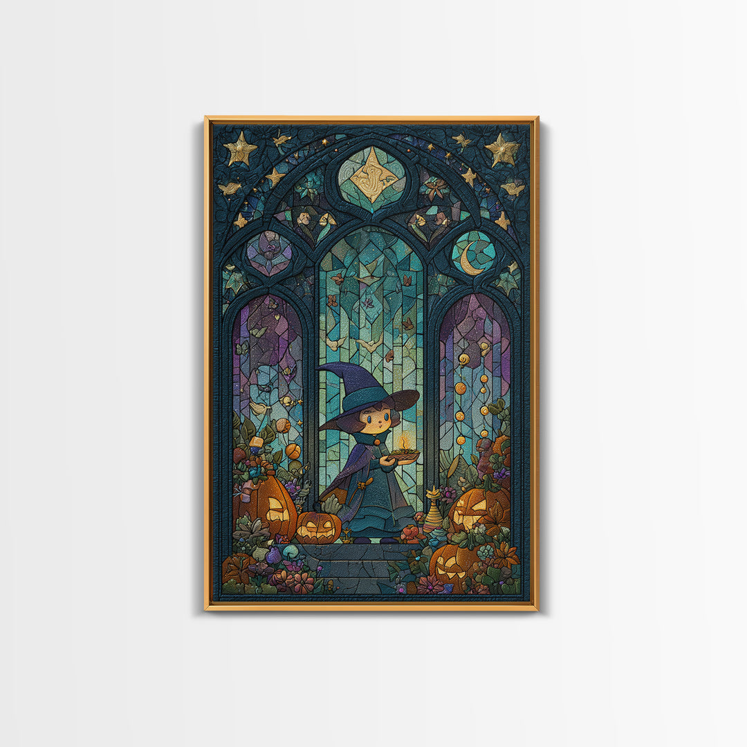 The Tiny Hat Shop Witch, Stained Glass Halloween, Vertical Wall Art, Canvas Print, Cute Halloween Wall Art