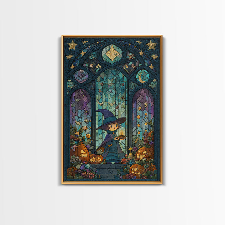 The Tiny Hat Shop Witch, Stained Glass Halloween, Vertical Wall Art, Canvas Print, Cute Halloween Wall Art