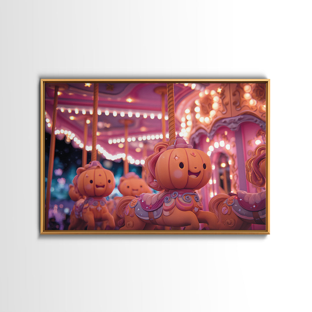 The Pumpkin Carousel, Vaporwave Halloween Art, Landscape Wall Art, Framed Canvas Print, Cute Halloween Wall Art