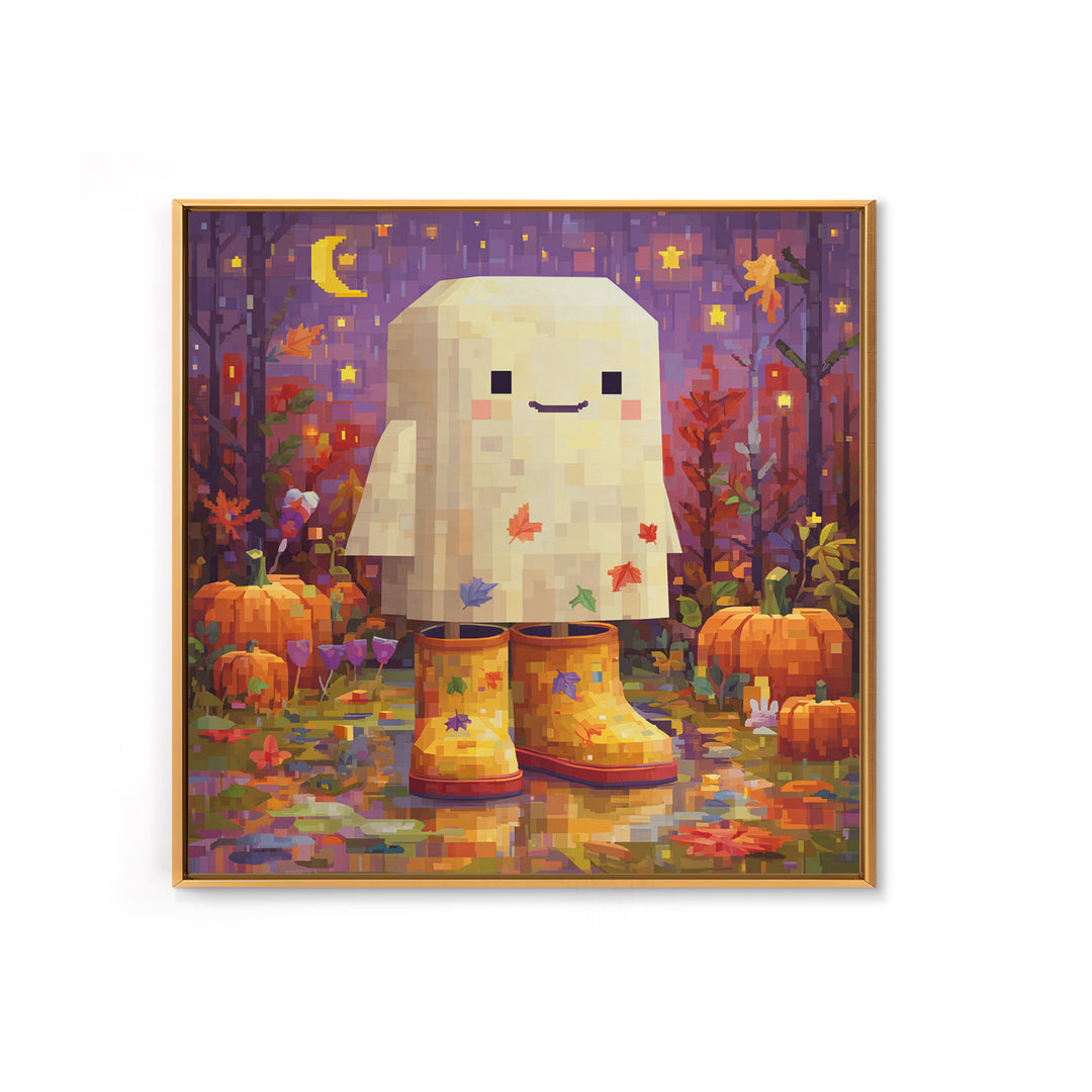 The Ghost In Rain Boots, Pixel Halloween Art, Square Wall Art, Canvas Print, Cute Halloween Wall Art