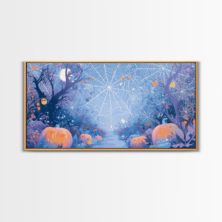 The Great Cobweb Knitting Contest, Vector Halloween Art, Wide Panoramic Art, Framed Canvas Print, Cute Halloween Wall Art