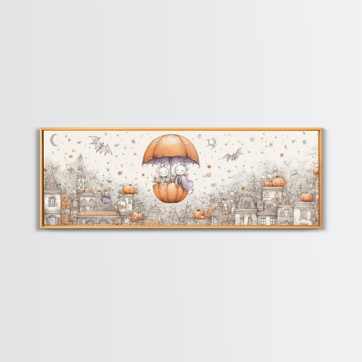 The Enchanted Umbrella Adventure, Hand Sketch Halloween Art, Extra Wide Wall Art, Canvas Print, Cute Halloween Wall Art