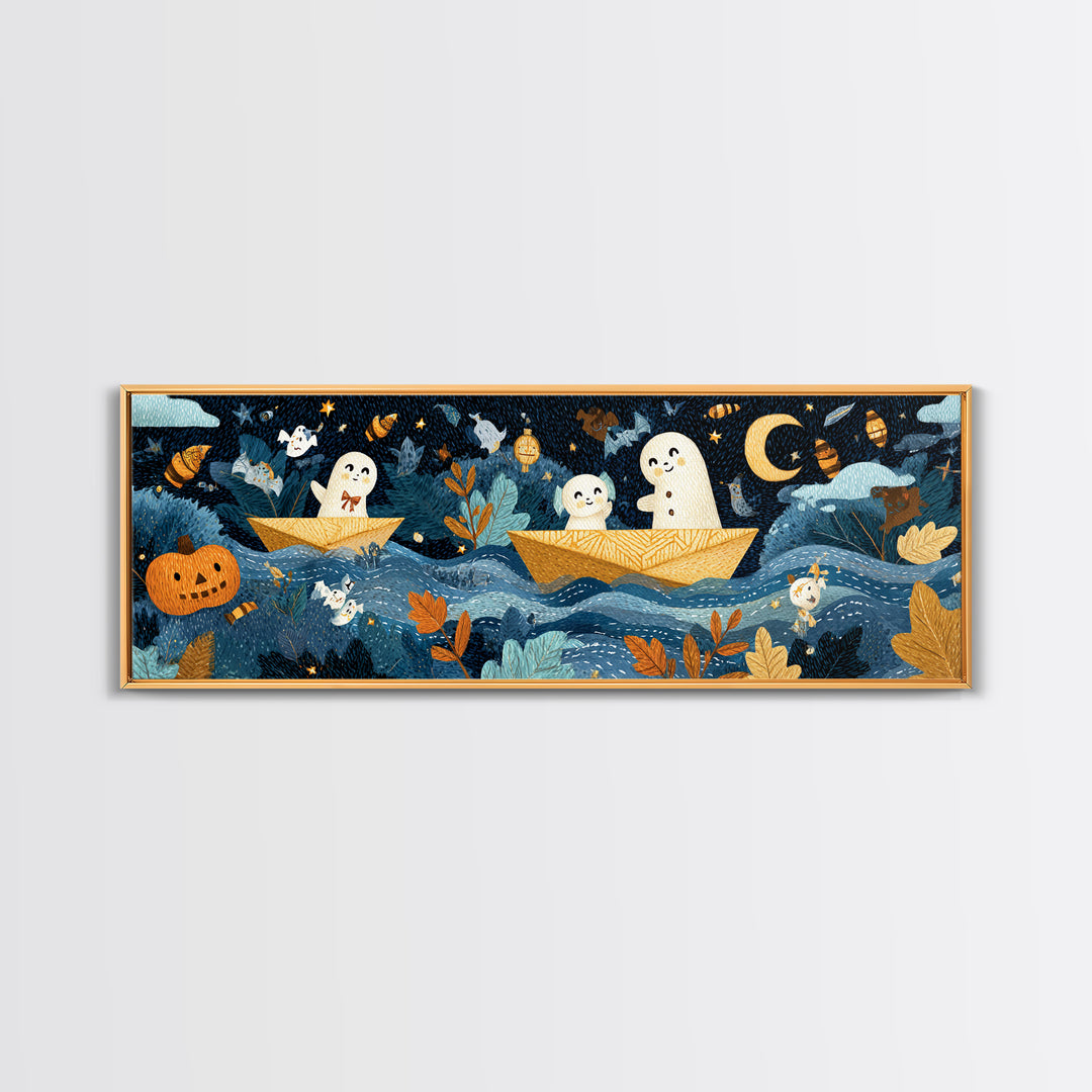 The Golden Leaf River, Felt Halloween Art, Extra Wide Wall Art, Canvas Print, Cute Halloween Wall Art, Storybook Decor