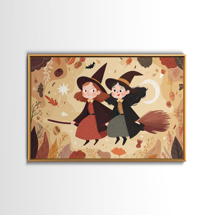 The Twin Broomstick Witches, Kawaii Halloween Art, Landscape Wall Art, Framed Canvas Print, Cute Halloween Wall Art