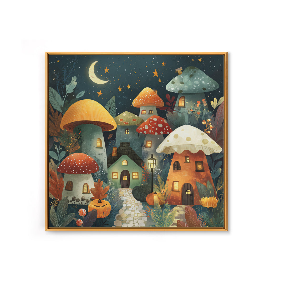 The Lantern-Lit Mushroom Village, Retro Halloween Art, Square Wall Art, Canvas Print, Cute Halloween Wall Art