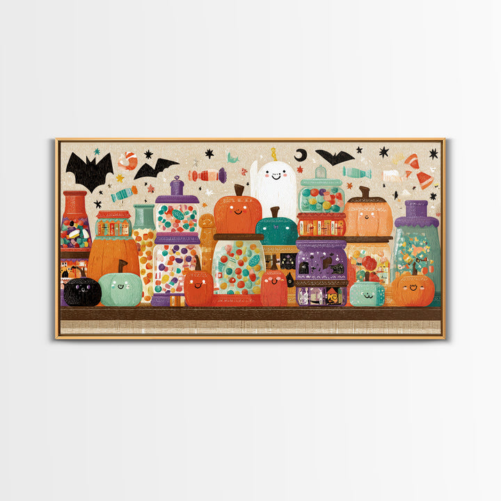 The Jellybean Potion Shop, Screenprint Halloween Art, Wide Panoramic Art, Framed Canvas Print, Cute Halloween Wall Art