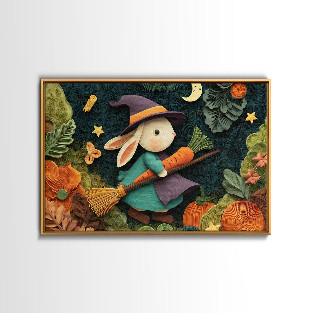 The Bunny Witch, Quilled Halloween Art, Landscape Wall Art, Framed Canvas Print, Cute Halloween Wall Art