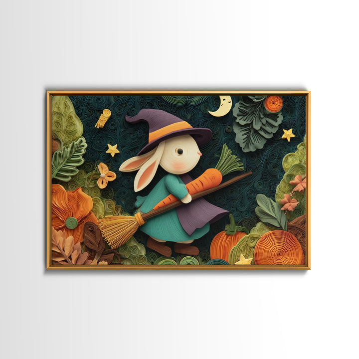 The Bunny Witch, Quilled Halloween Art, Landscape Wall Art, Framed Canvas Print, Cute Halloween Wall Art